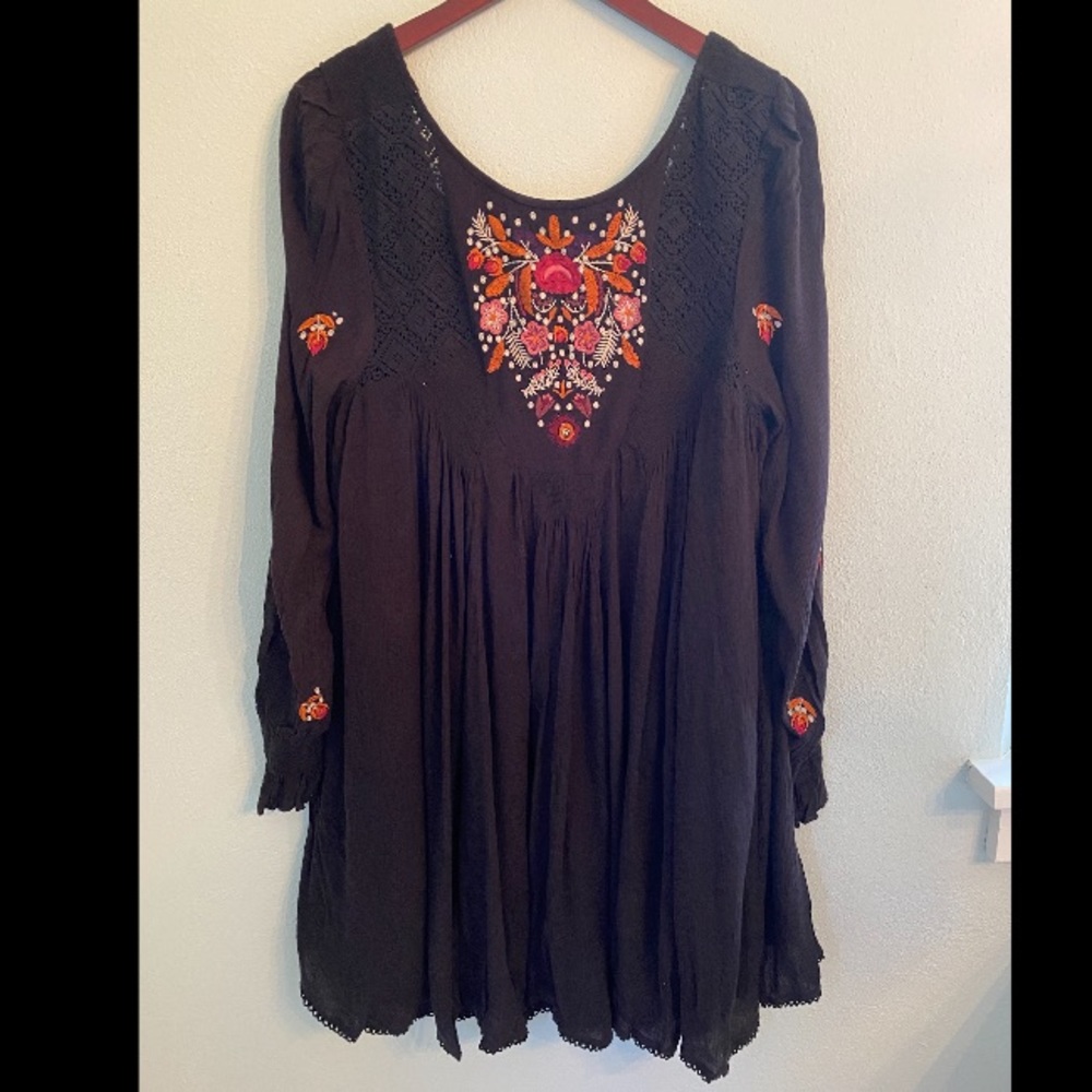 Free People Mohave Embroidered Mini Dress- Black